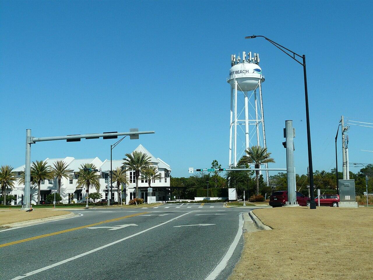 County Road 30A at U.S. 98 in Inlet Beach, with overhead lines along the South Walton road.